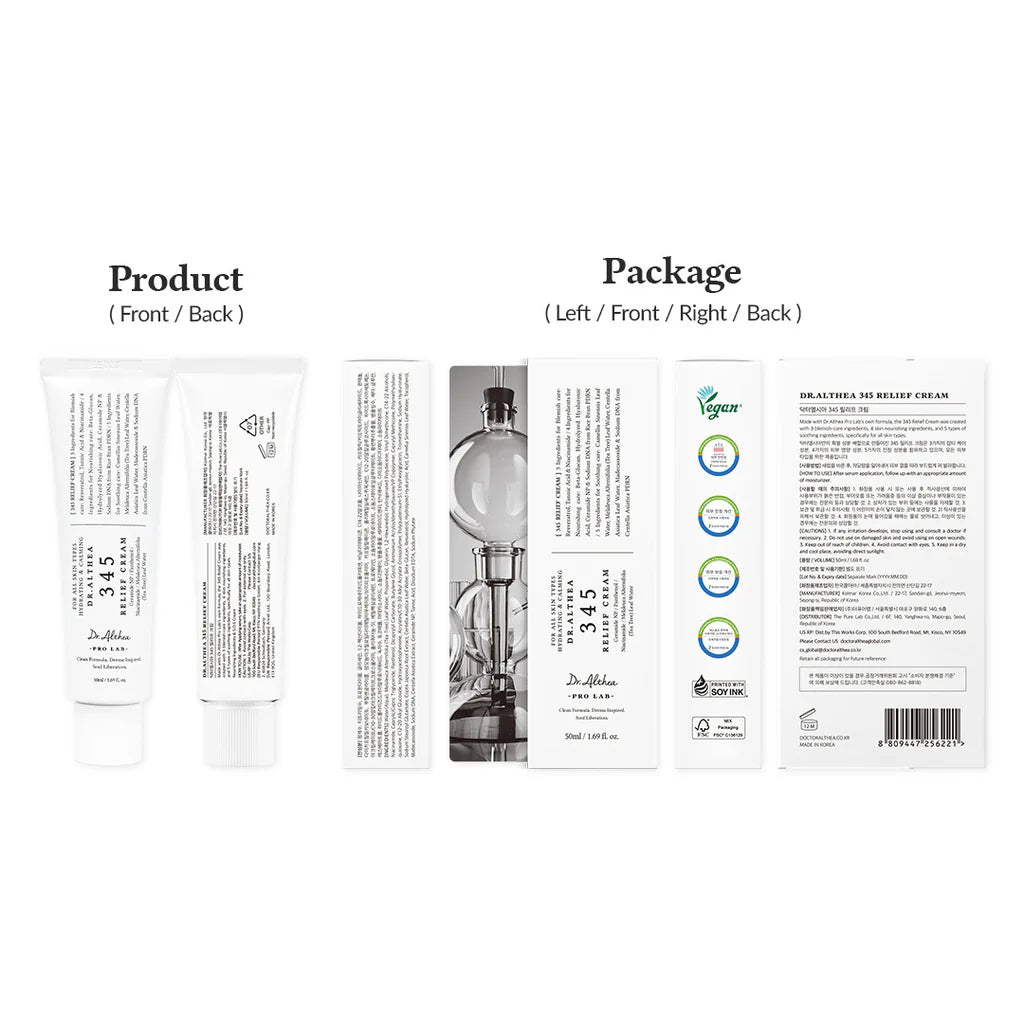 Dr. Althea 345 Relief Cream Product packaging with front, back, left, right, and top views on a white background