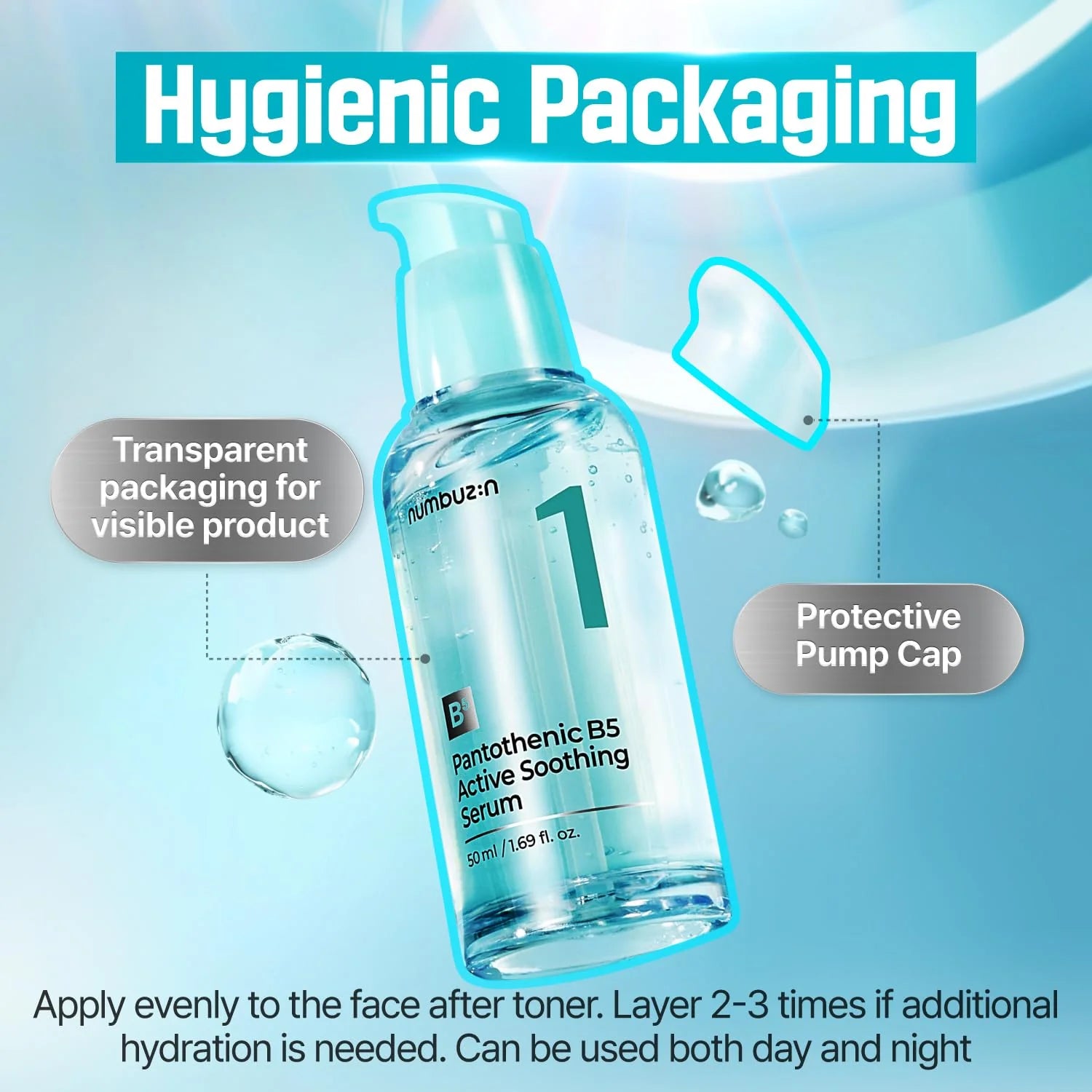 Numuzin Pantothenic B5 Active Soothing Serum bottle with text highlighting hygienic packaging features.
