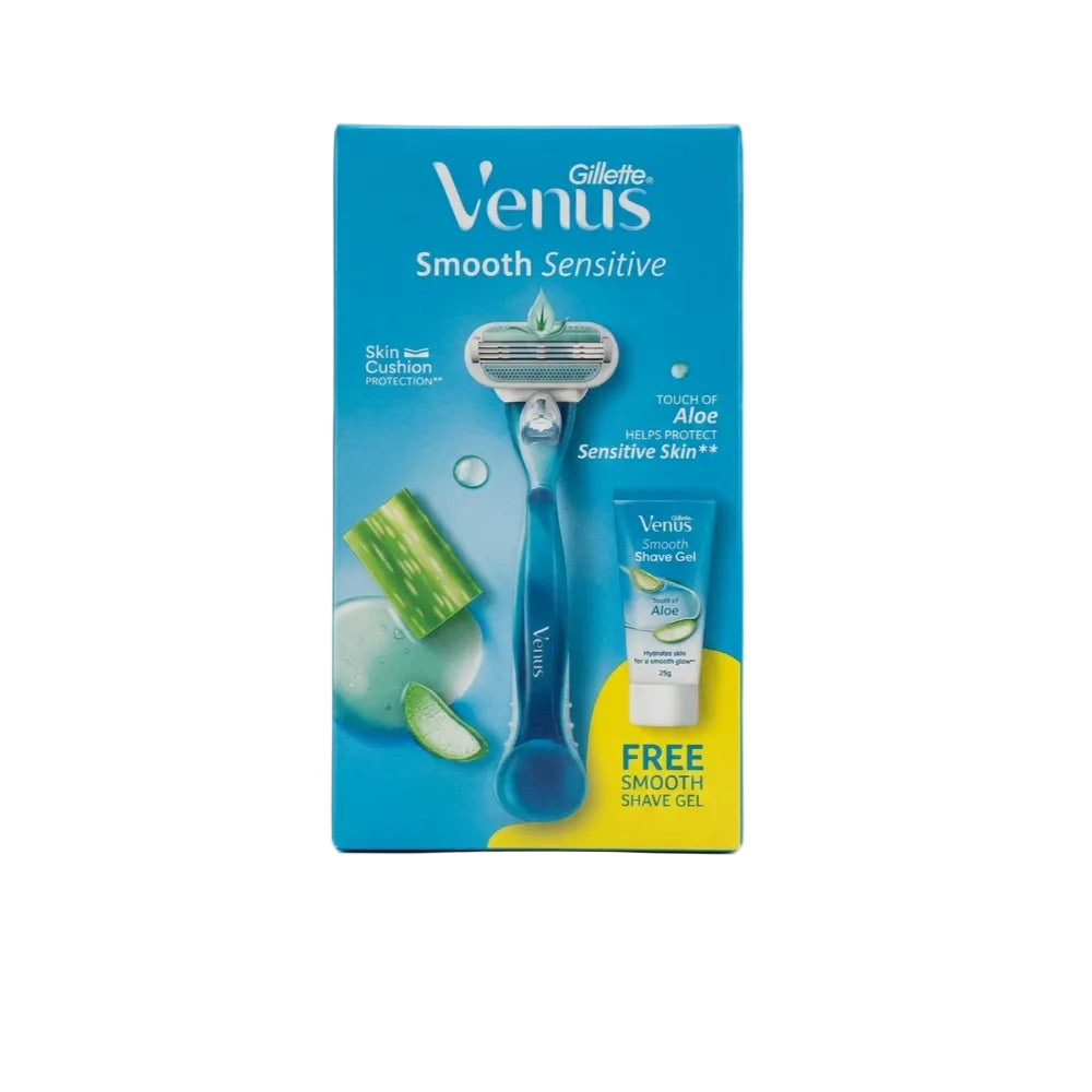 Gillette Venus Smooth Sensitive razor packaging with a free shave gel