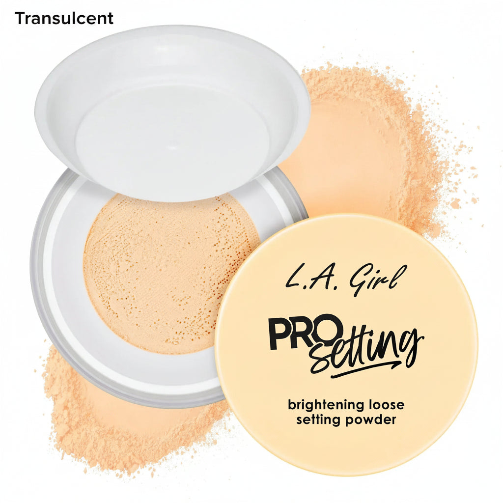 L.A. Girl Pro Setting brightening loose setting powder with open case on a white background