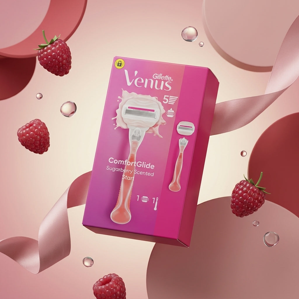 Gillette Venus ComfortGlide razor packaging with raspberries on a pink background