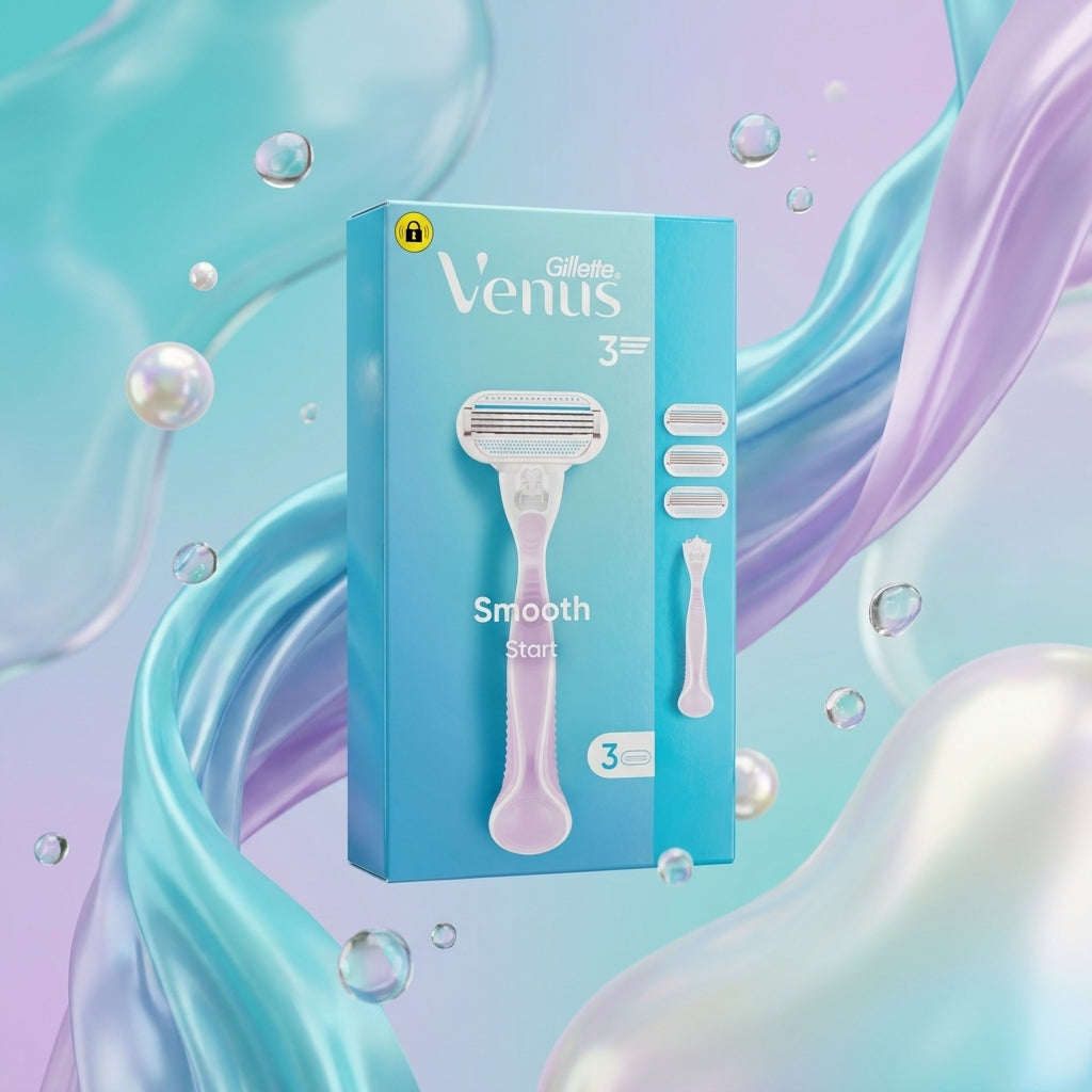 Gillette Venus razor packaging on a colorful, bubbly background